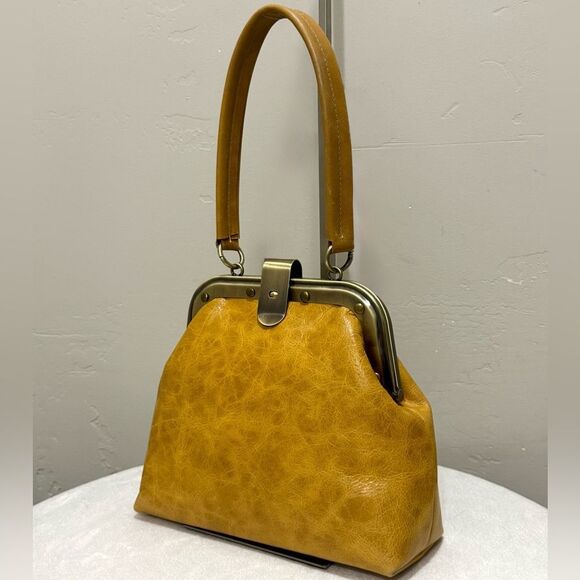 Unique Distressed Leather Handmade Rivet frame Push Lock Purse, Multi Use Style. - Picture 4 of 15